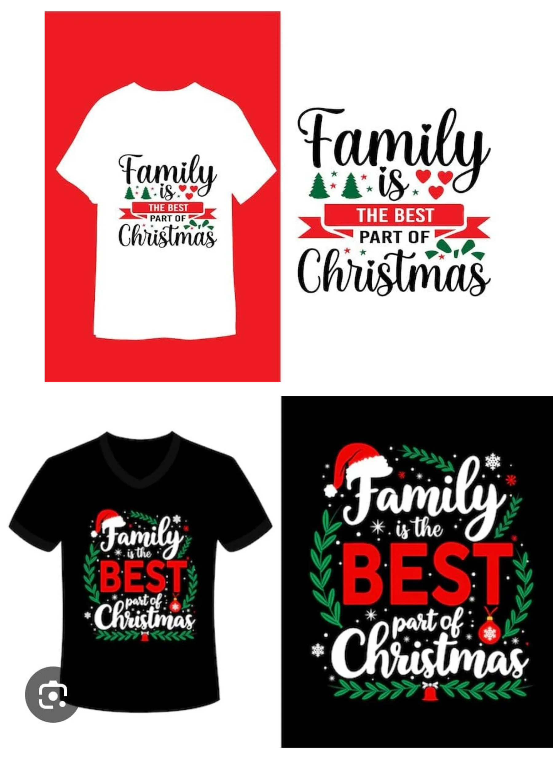 Family is the Best Part of Christmas shirt designs on red, white and black tees