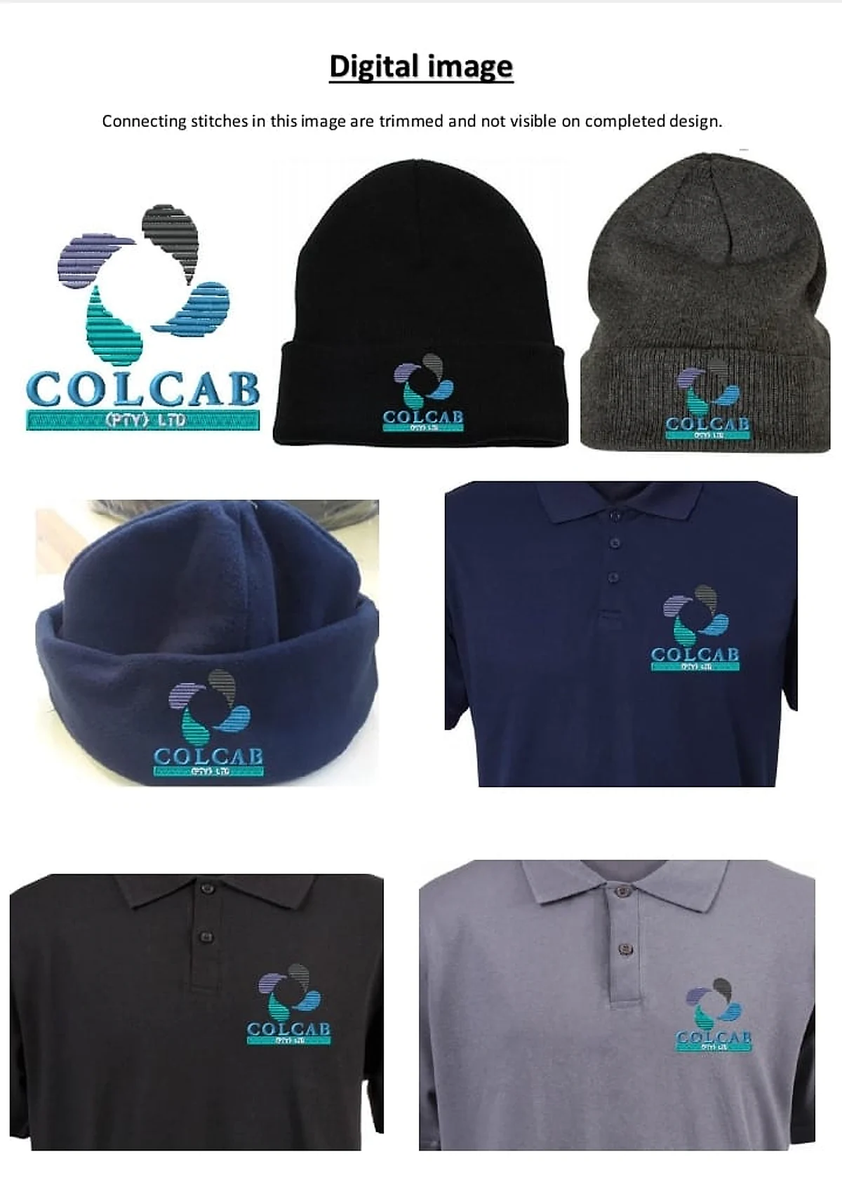 Beanies, a fleece headband and golf shirts embroidered with the Colcab company logo