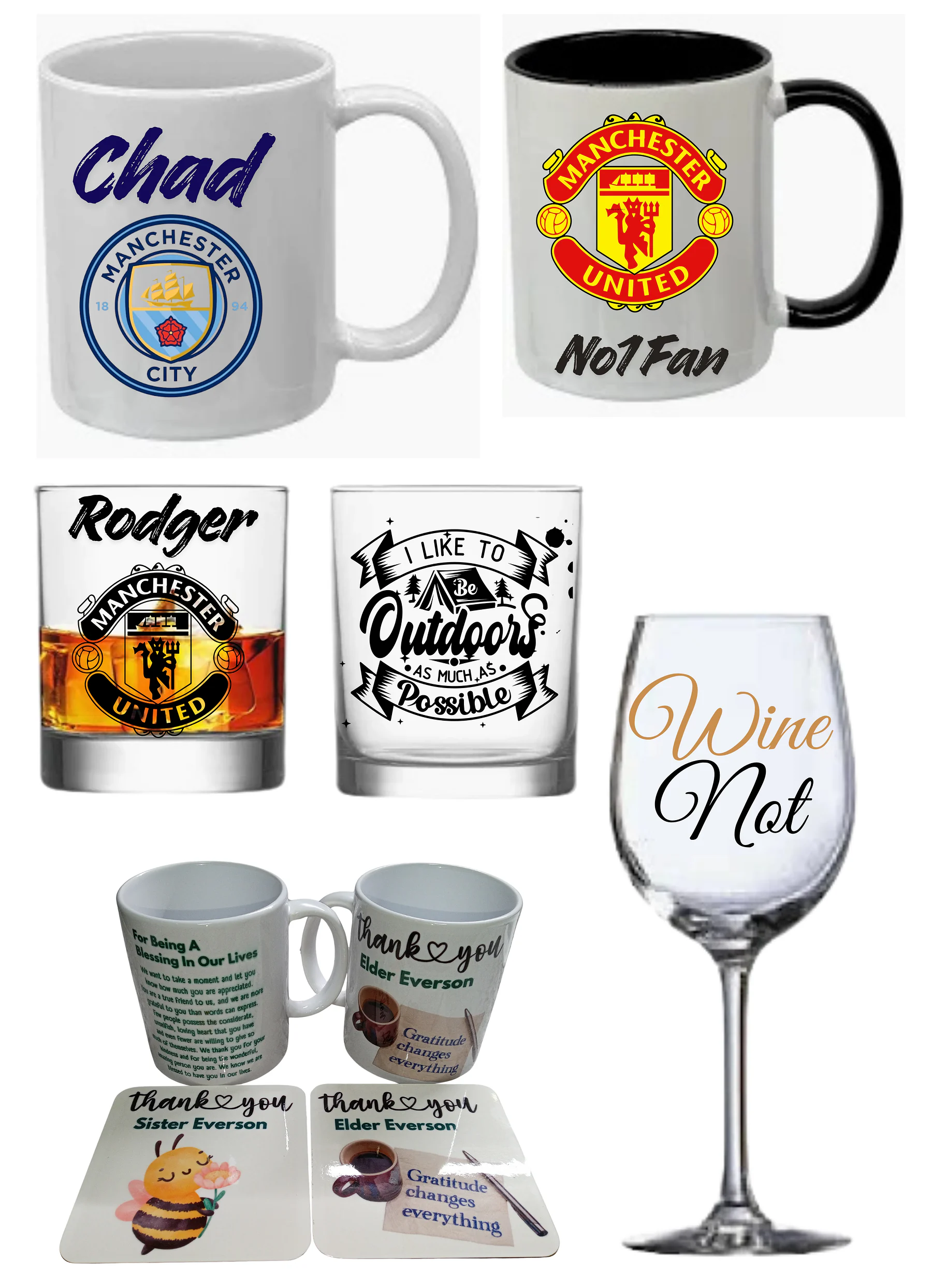 Personalised mugs, whisky glasses, a wine glass and coasters printed with names and club badges