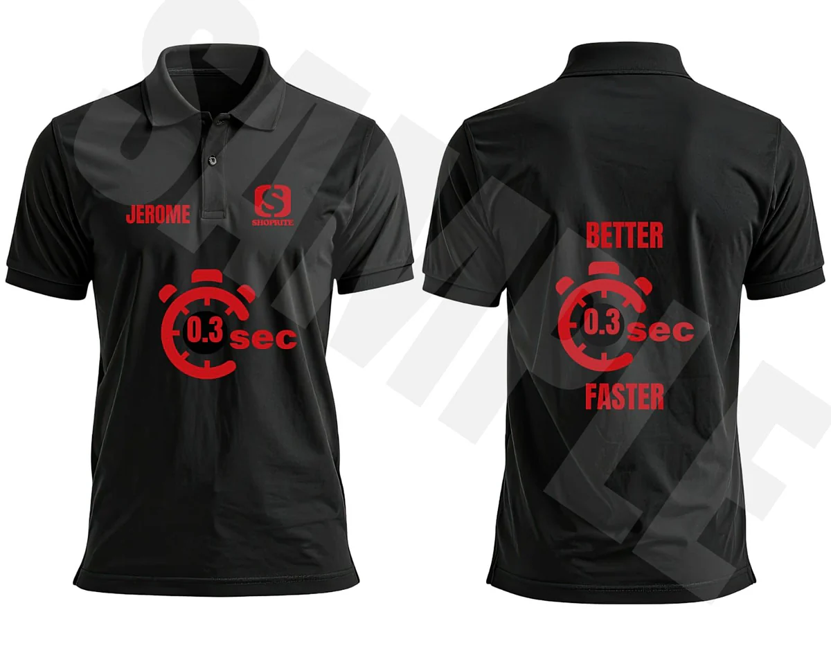 Black golf shirts printed front and back with a Shoprite logo and a red 0.3 sec campaign mark