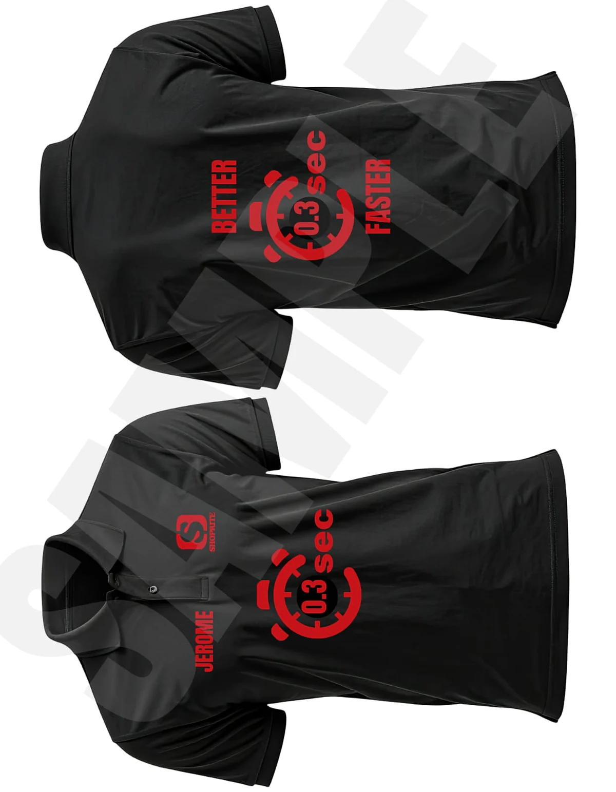 Black t-shirts printed with the Shoprite 0.3 sec Better Faster campaign, front and back views