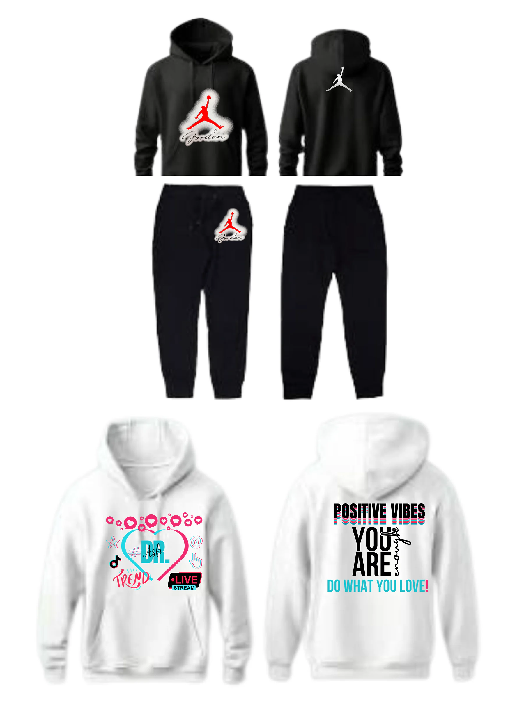 Printed hoodie and jogger sets in black and white, including a Positive Vibes design