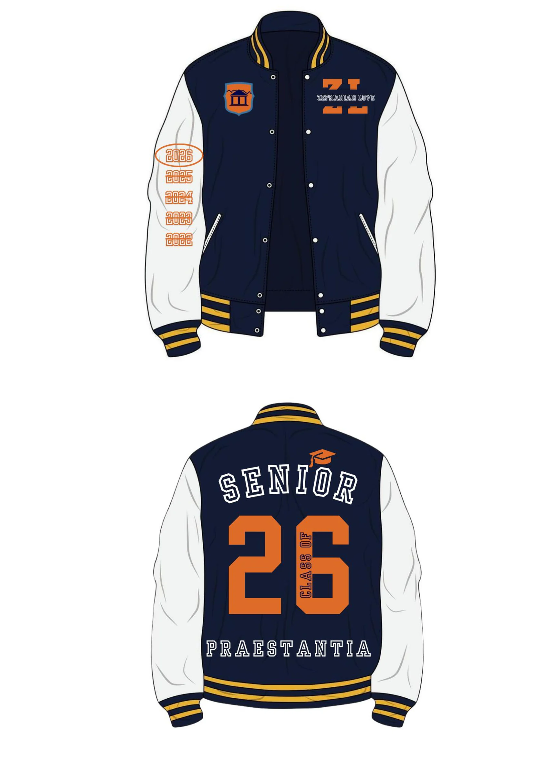 Navy and white matric varsity jacket printed front and back with Class of 26
